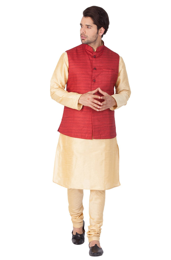 Men's Gold Cotton Silk Blend Kurta, Ethnic Jacket and Pyjama Set - Vastramay