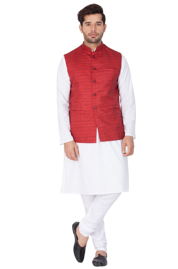 Jashvi Men's White Cotton Blend Kurta, Ethnic Jacket and Pyjama Set