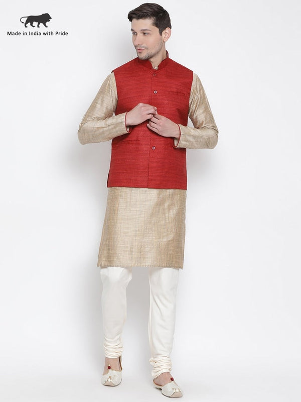 Men's Beige Cotton Silk Blend Kurta, Ethnic Jacket and Pyjama Set