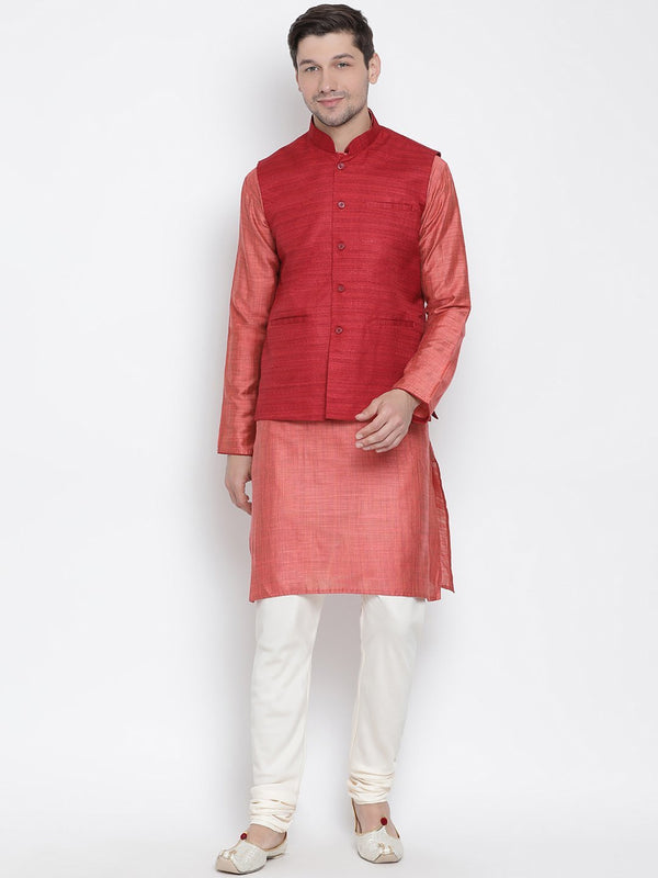 Jashvi Men's Pink Cotton Silk Blend Kurta, Ethnic Jacket and Pyjama Set