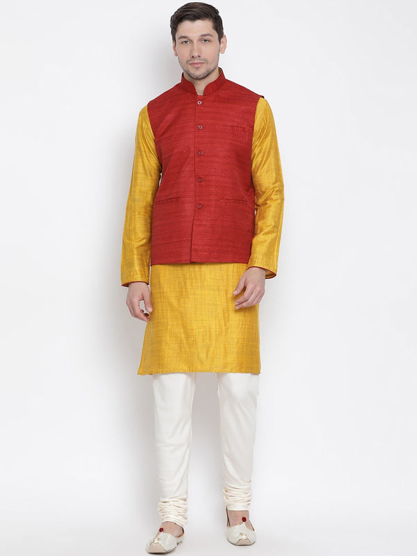 Jashvi Men's Yellow Cotton Silk Blend Kurta, Ethnic Jacket and Pyjama Set