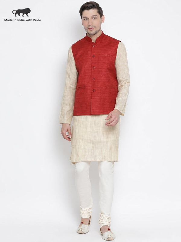 Jashvi Men's Beige Cotton Silk Blend Kurta, Ethnic Jacket and Pyjama Set