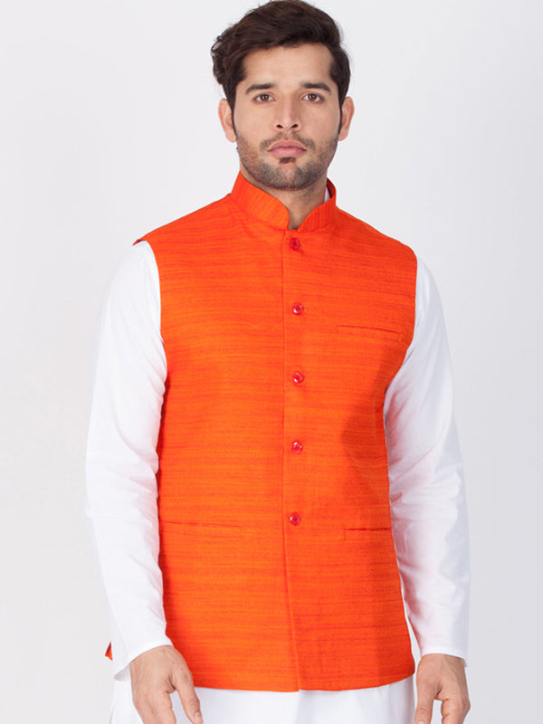 Jashvi Men's Orange Cotton Blend Nehru Jacket