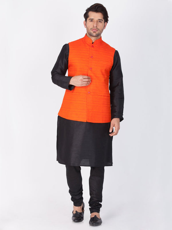 Men's Black Cotton Silk Blend Kurta, Ethnic Jacket and Pyjama Set - Vastramay