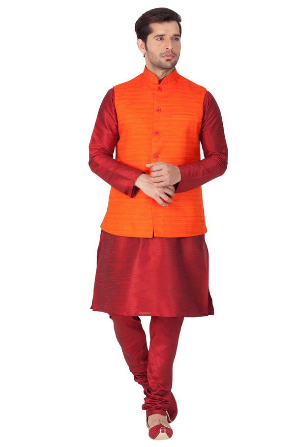 Men's Maroon Cotton Silk Blend Kurta, Ethnic Jacket and Pyjama Set - Vastramay