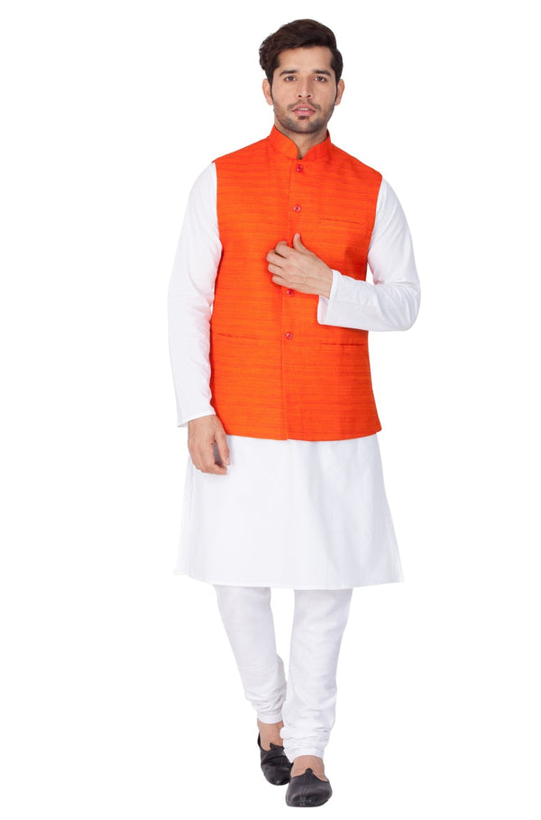 Men's White Cotton Blend Kurta, Ethnic Jacket and Pyjama Set - Vastramay