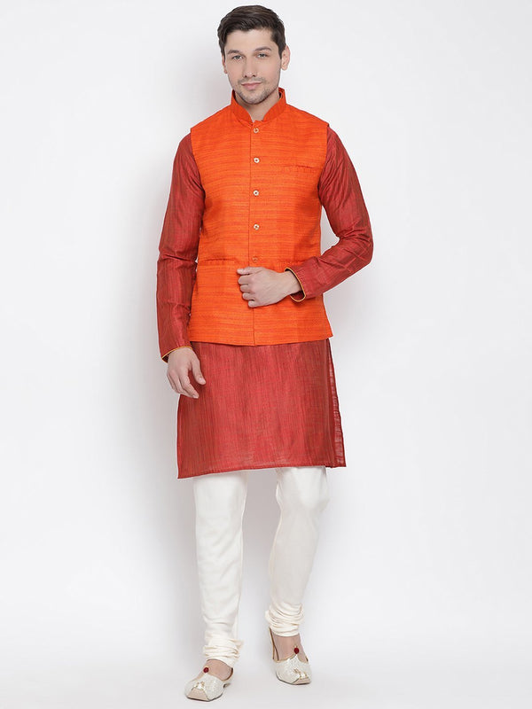 Men's Maroon Cotton Silk Blend Kurta, Ethnic Jacket and Pyjama Set - Vastramay