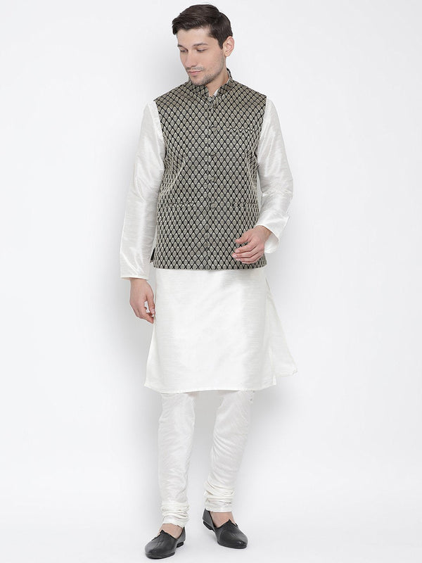 Men's White Cotton Silk Blend Kurta, Ethnic Jacket and Pyjama Set - Vastramay