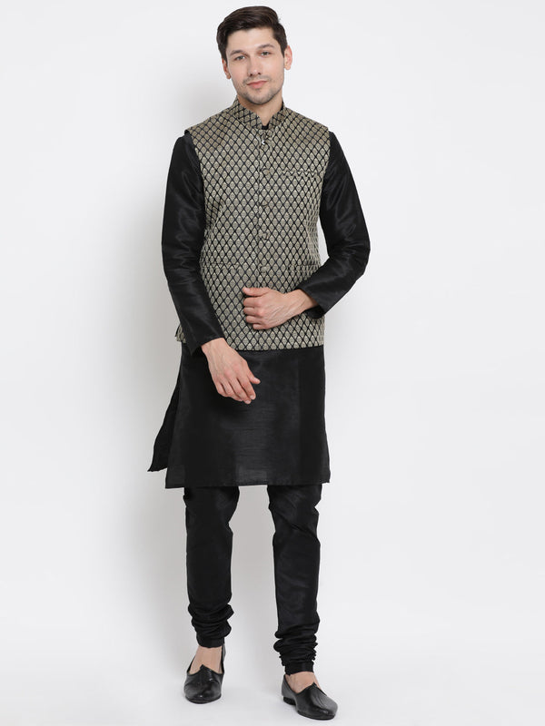 Jashvi Men's Black Silk Blend Jacket with Kurta Pyjama Set