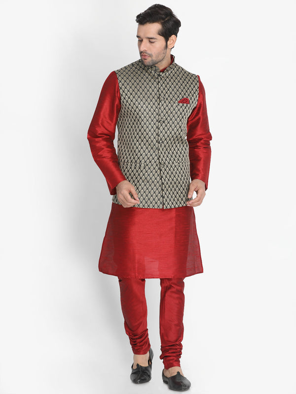 Jashvi Men's Maroon Silk Blend Jacket with Kurta Pyjama Set