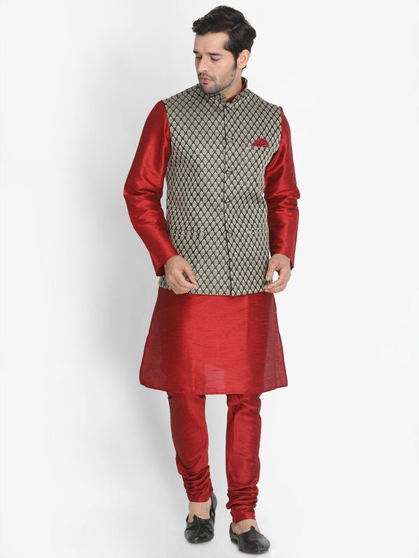 Men's Maroon Cotton Silk Blend Kurta, Ethnic Jacket and Pyjama Set - Vastramay