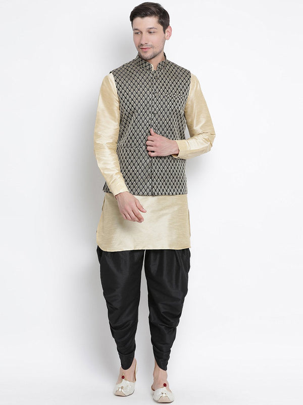 Men's Gold Cotton Silk Blend Ethnic Jacket, Kurta and Dhoti Pant Set - Vastramay