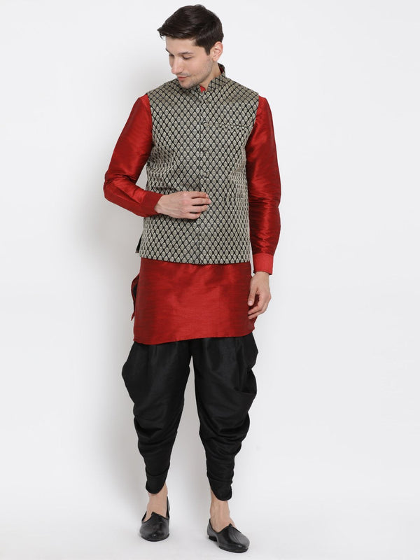 Men's Maroon Cotton Silk Blend Ethnic Jacket, Kurta and Dhoti Pant Set - Vastramay