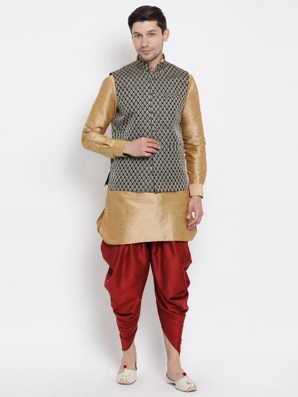 Men's Gold Cotton Silk Blend Ethnic Jacket, Kurta and Dhoti Pant Set - Vastramay