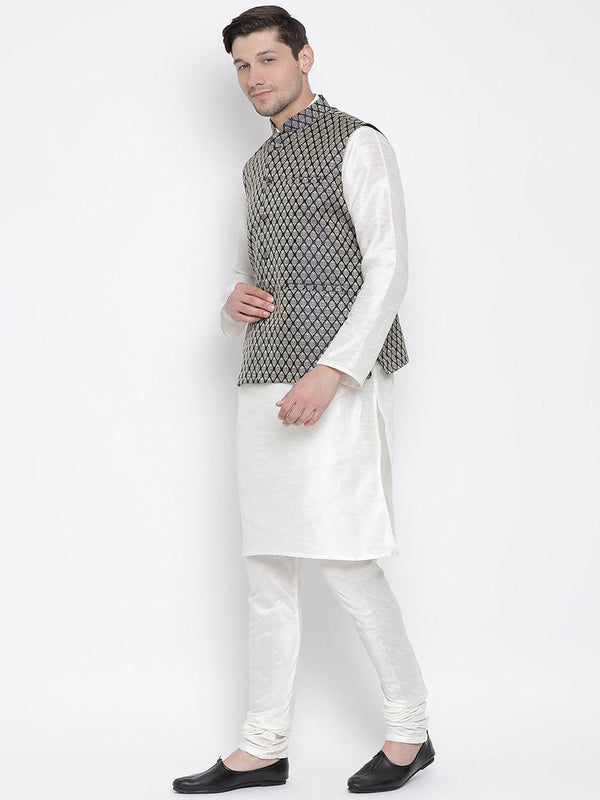 Men's White Cotton Silk Blend Kurta, Ethnic Jacket and Pyjama Set - Vastramay