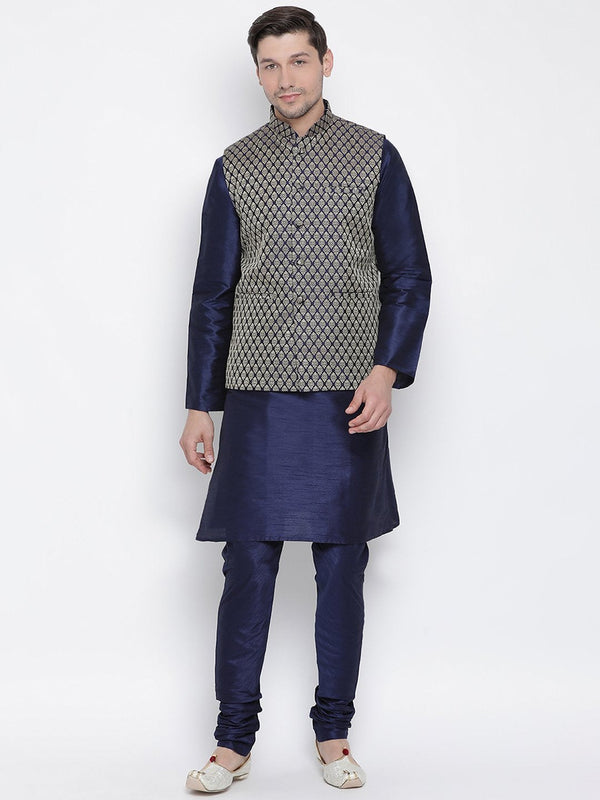 Men's Dark Blue Cotton Silk Blend Kurta, Ethnic Jacket and Pyjama Set - Vastramay