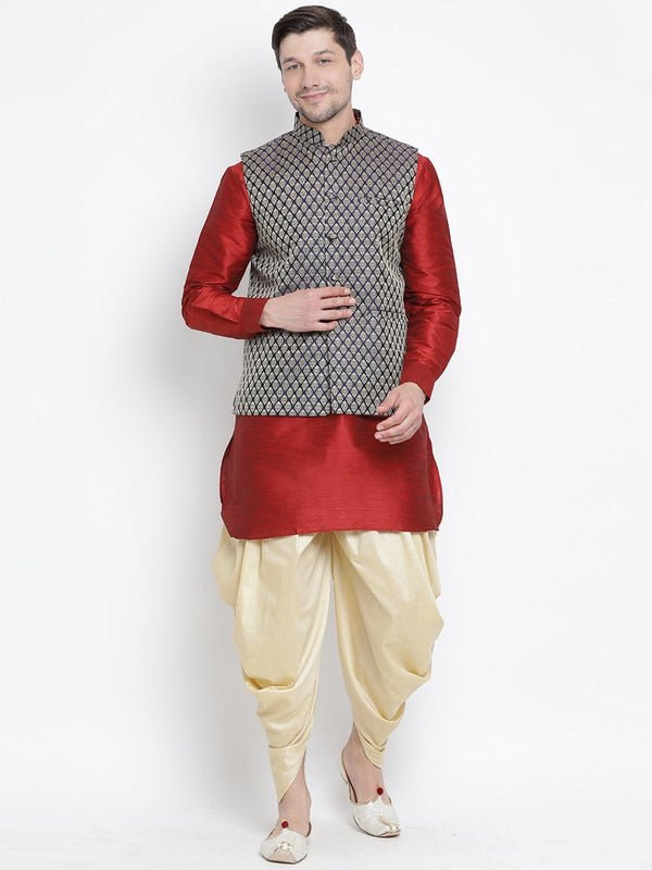 Men's Maroon Cotton Silk Blend Ethnic Jacket, Kurta and Dhoti Pant Set - Vastramay