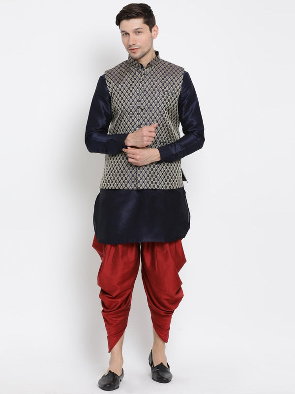 Men's Dark Blue Cotton Silk Blend Ethnic Jacket, Kurta and Dhoti Pant Set - Vastramay