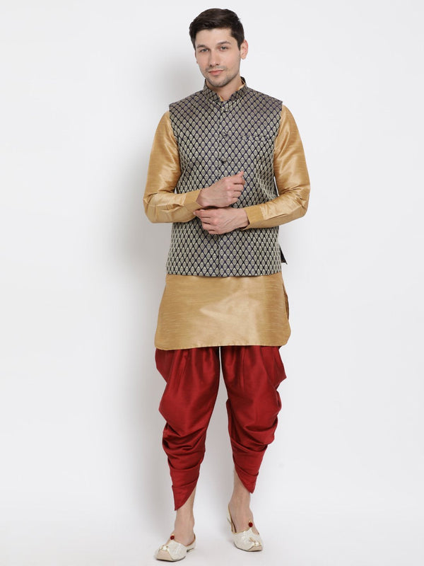 Men's Gold Cotton Silk Blend Ethnic Jacket, Kurta and Dhoti Pant Set - Vastramay