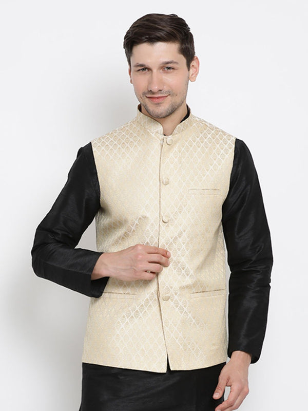 Men's White Cotton Silk Blend Ethnic Jacket - Vastramay