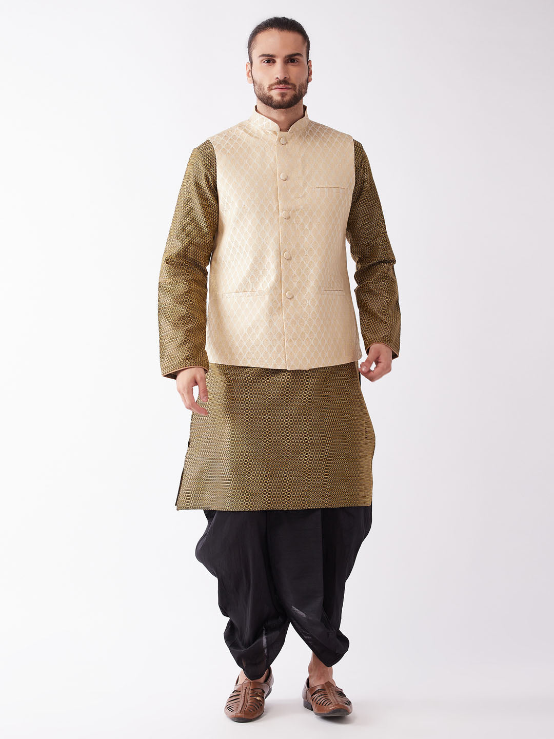 Men's Cream And Black Silk Blend Jacket, Kurta And Dhoti Set - Vastramay