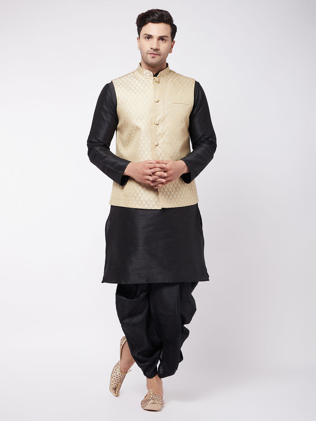 Men's Cream And Black Silk Blend Jacket, Kurta And Dhoti Set - Vastramay