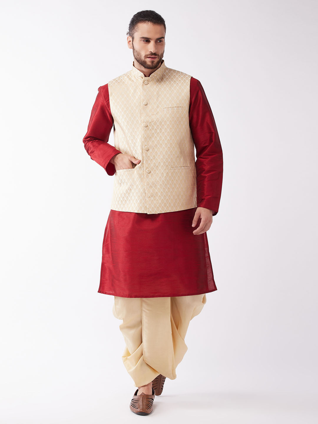 Men's Maroon,Cream And Gold Silk Blend Jacket, Kurta And Dhoti Set - Vastramay