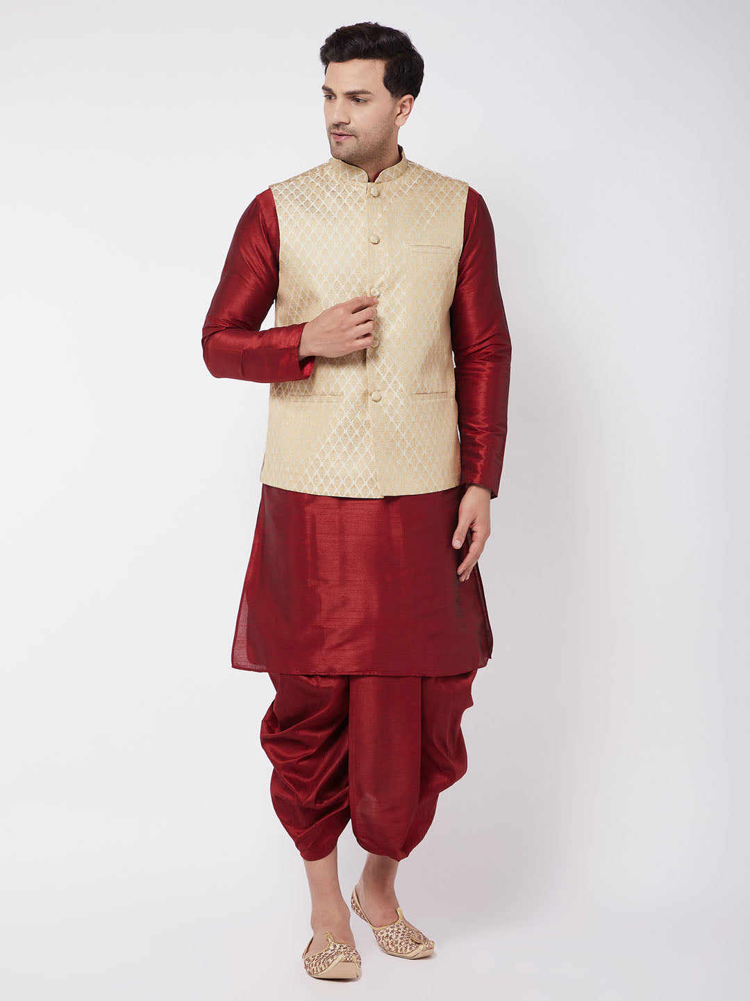 Men's Cream And Maroon Silk Blend Jacket, Kurta And Dhoti Set - Vastramay