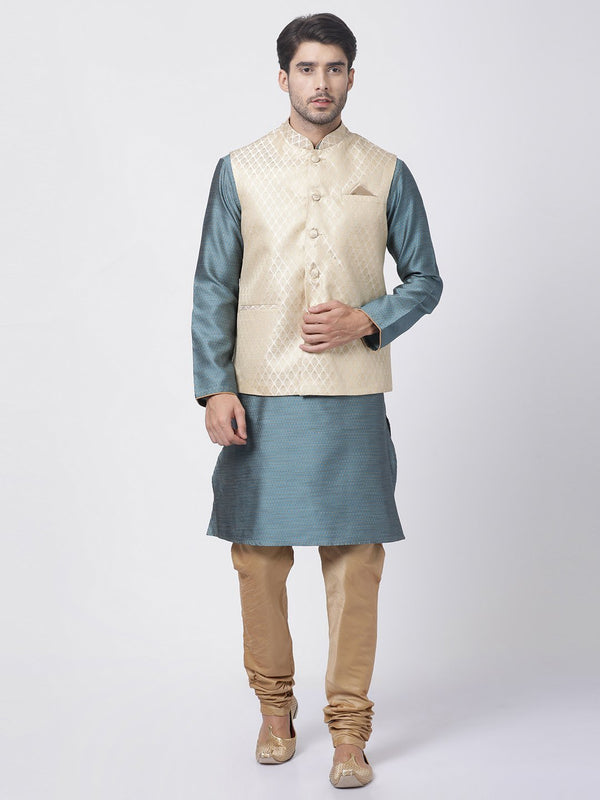 Men's Light Blue Cotton Silk Blend Kurta, Ethnic Jacket and Pyjama Set - Vastramay