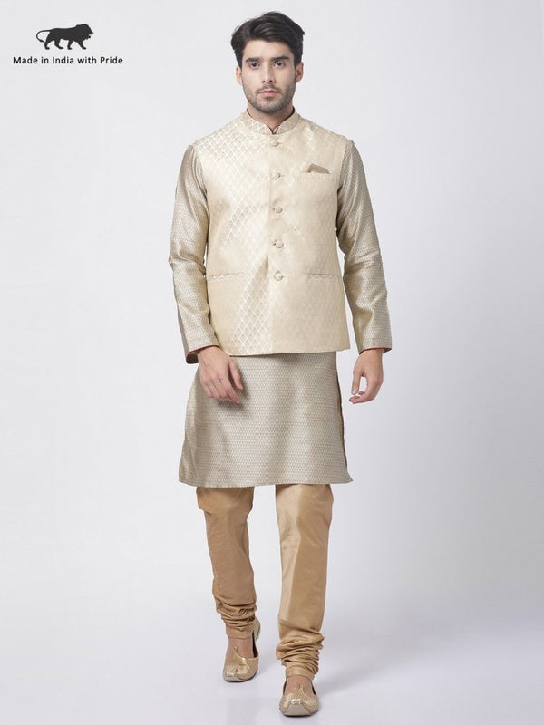 Men's Beige Cotton Silk Blend Kurta, Ethnic Jacket and Pyjama Set - Vastramay