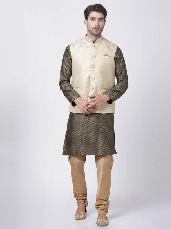 Men's Black Cotton Silk Blend Kurta, Ethnic Jacket and Pyjama Set - Vastramay