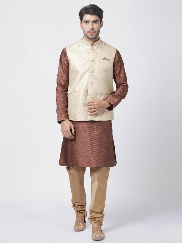 Men's Maroon Cotton Silk Blend Kurta, Ethnic Jacket and Pyjama Set - Vastramay