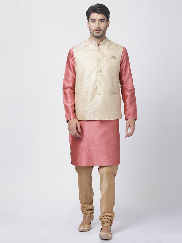 Men's Pink Cotton Silk Blend Kurta, Ethnic Jacket and Pyjama Set - Vastramay