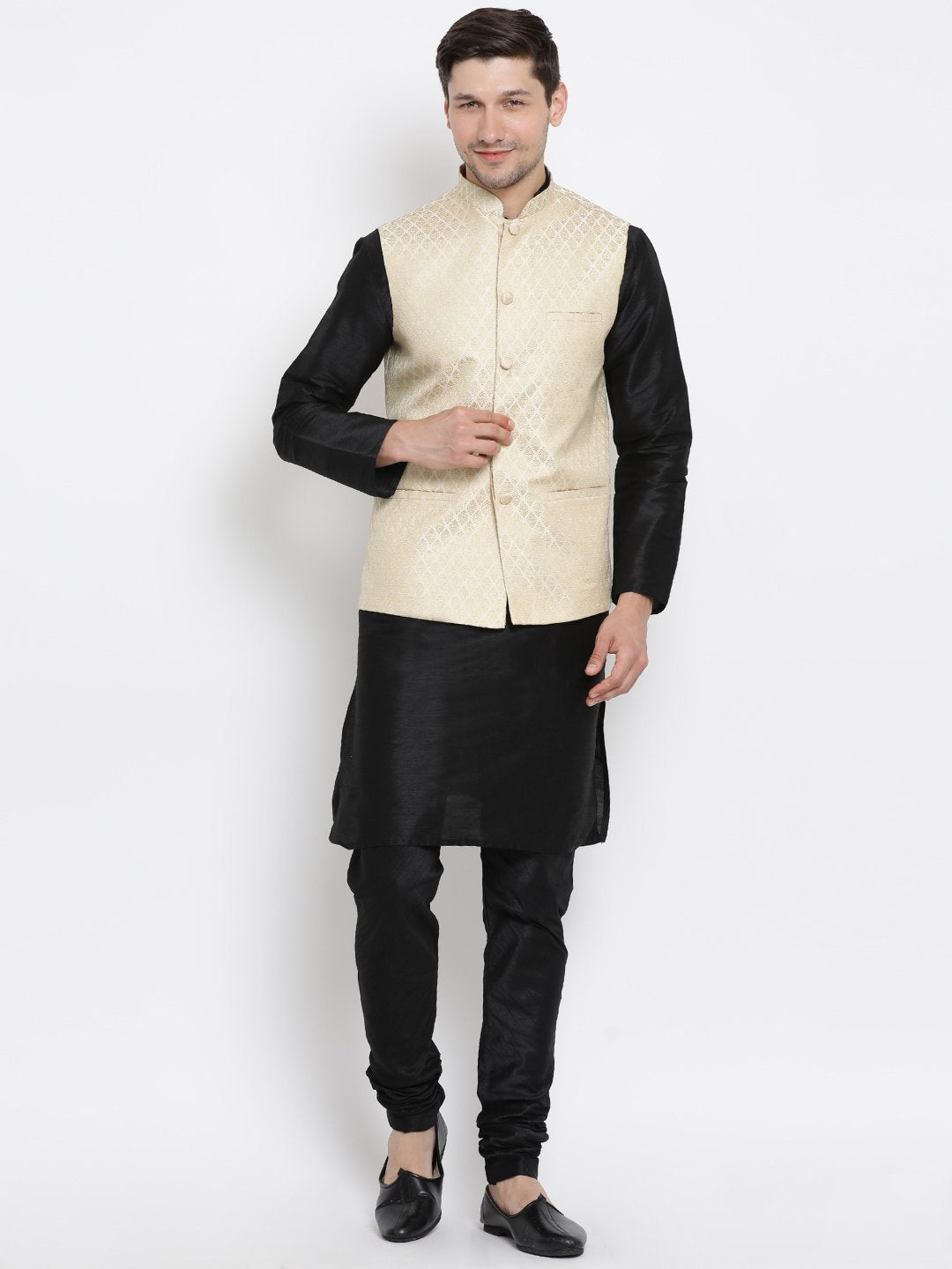 Men's Black Cotton Silk Blend Kurta, Ethnic Jacket and Pyjama Set