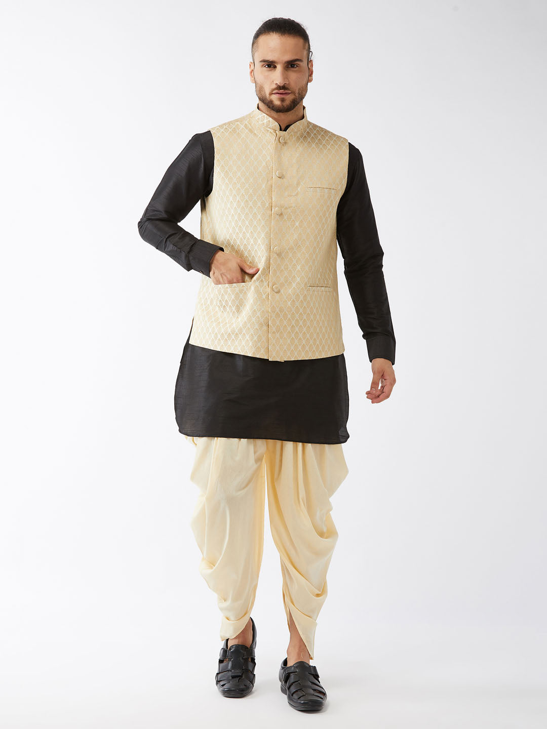 Men's Black, Cream And Gold Silk Blend Jacket, Kurta And Dhoti Set - Vastramay