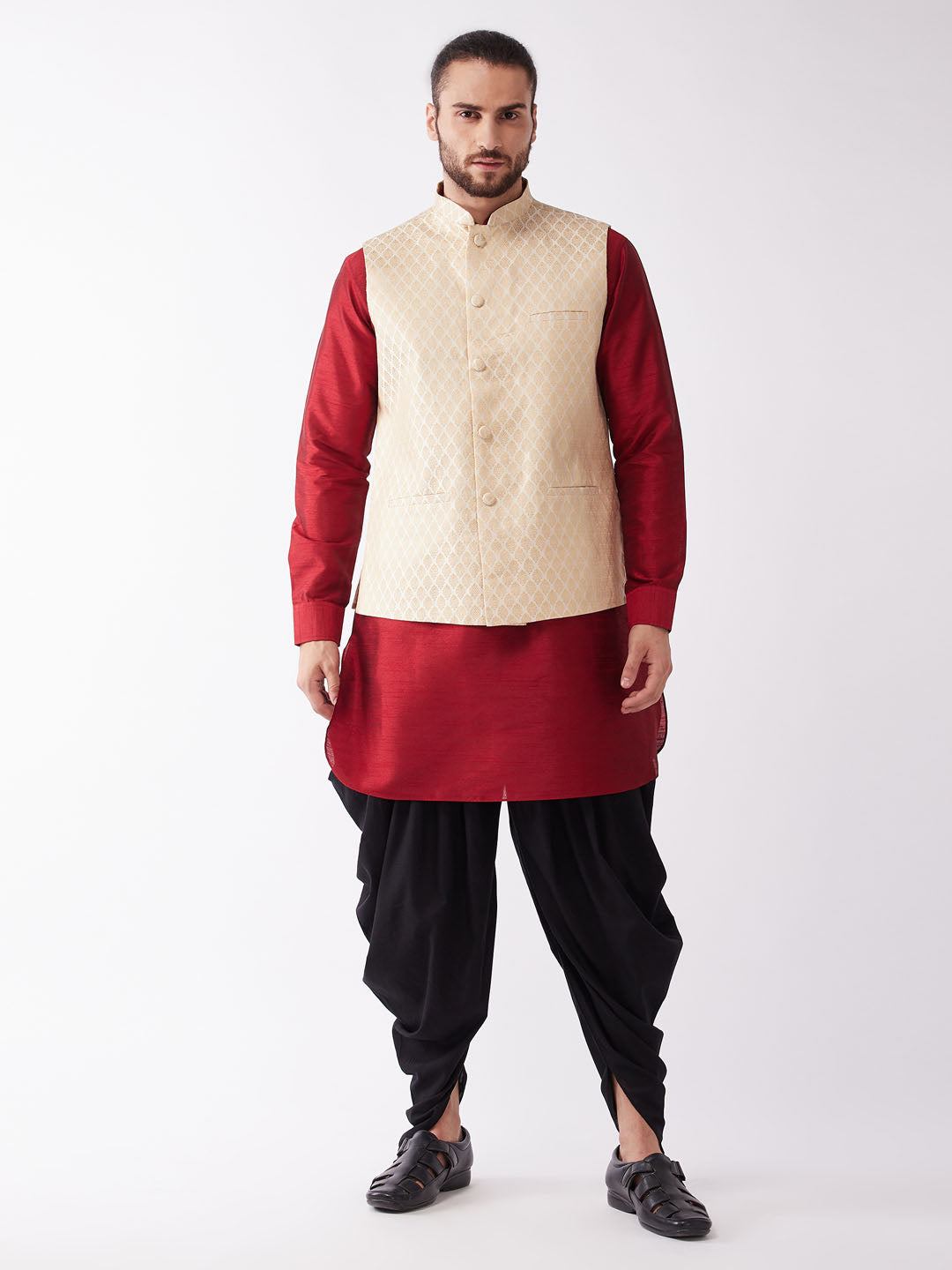 Men's Maroon, Cream And Black Silk Blend Jacket, Kurta And Dhoti Set - Vastramay