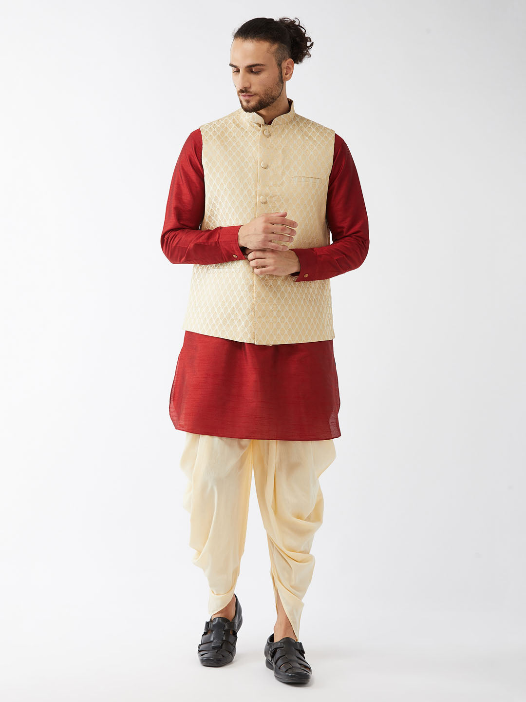 Men's Maroon, Cream And Gold Silk Blend Jacket, Kurta And Dhoti Set - Vastramay