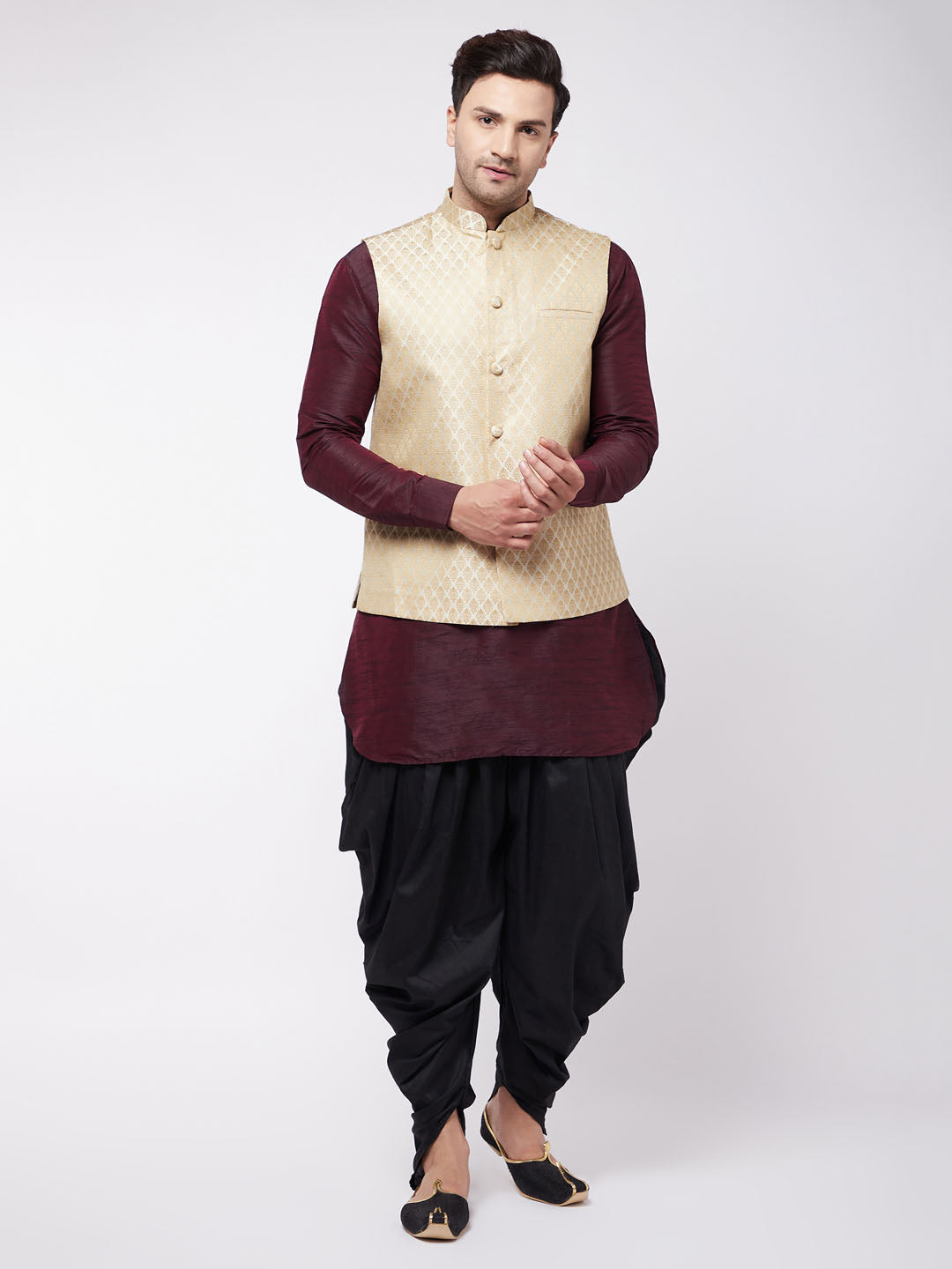 Men's Wine, Cream And Black Silk Blend Jacket, Kurta And Dhoti Set - Vastramay