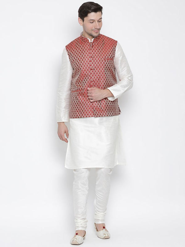 Men's White Cotton Silk Blend Kurta, Ethnic Jacket and Pyjama Set - Vastramay