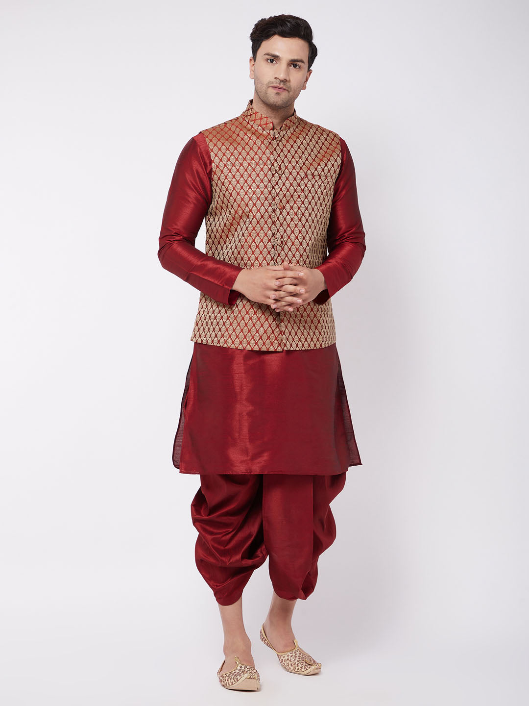 Men's Maroon Silk Blend Jacket, Kurta And Dhoti Set - Vastramay