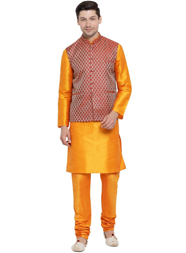 Men's Orange Cotton Silk Blend Kurta, Ethnic Jacket and Pyjama Set - Vastramay