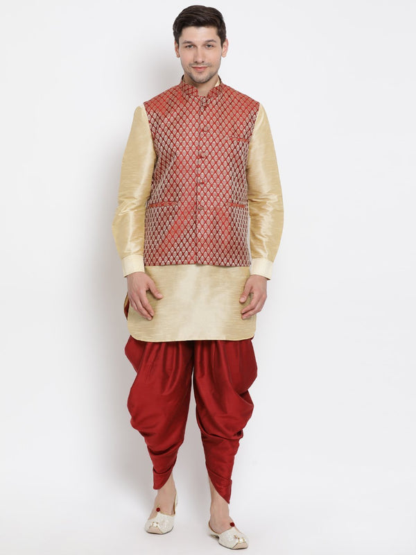 Men's Gold Cotton Silk Blend Ethnic Jacket, Kurta and Dhoti Pant Set - Vastramay