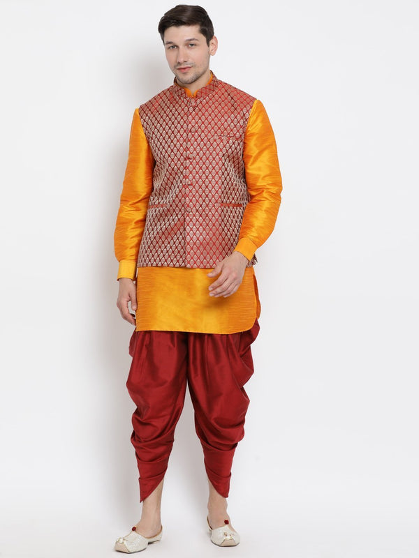 Men's Orange Cotton Silk Blend Ethnic Jacket, Kurta and Dhoti Pant Set - Vastramay