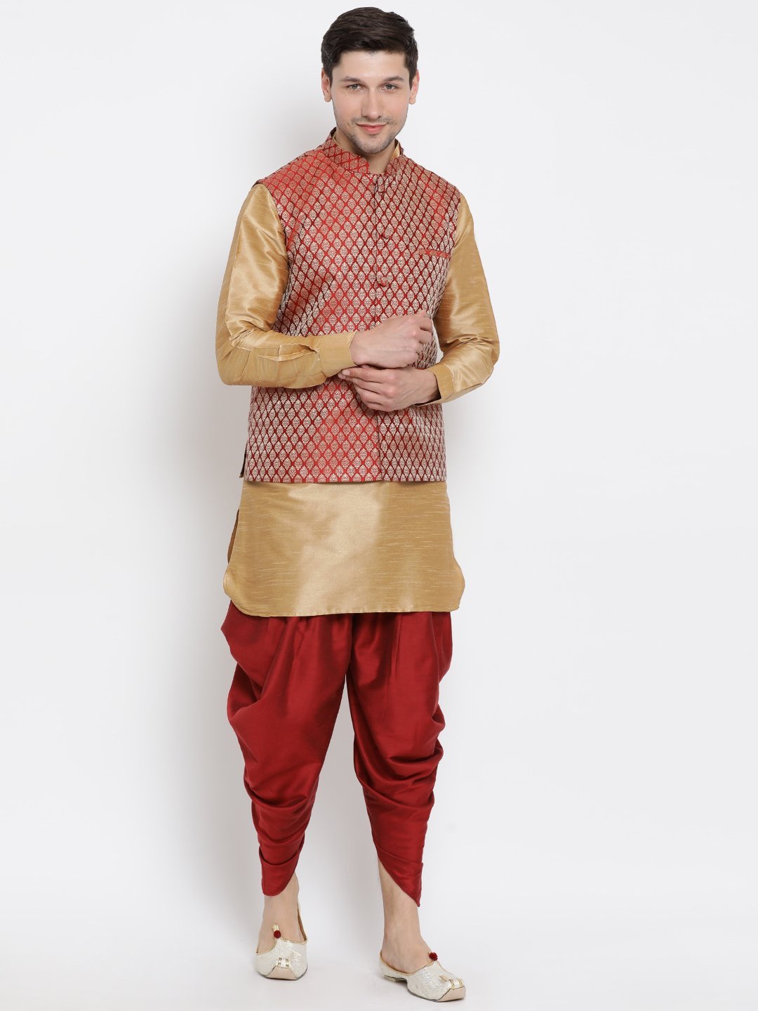 Men's Gold Cotton Silk Blend Ethnic Jacket, Kurta and Dhoti Pant Set