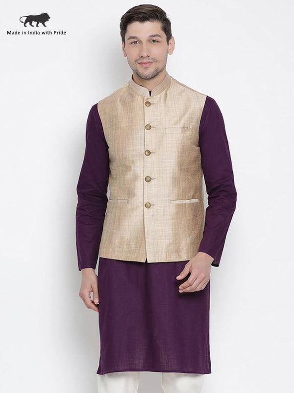 Jashvi Men's Beige Cotton Blend Ethnic Jacket