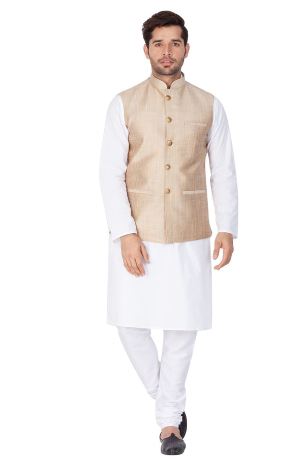 Men's White Cotton Blend Kurta, Ethnic Jacket and Pyjama Set - Vastramay