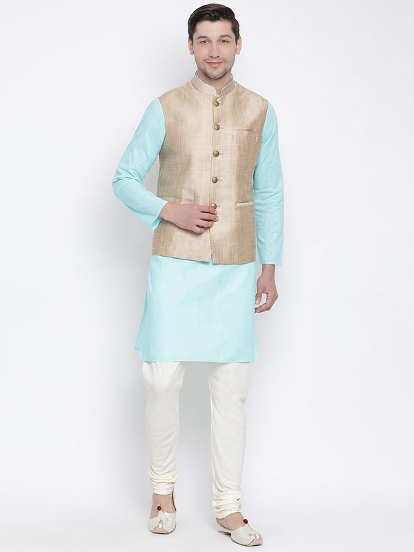 Men's Light Blue Cotton Blend Kurta, Ethnic Jacket and Pyjama Set - Vastramay