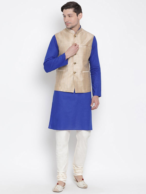 Jashvi Men's Blue Cotton Blend Kurta, Ethnic Jacket and Pyjama Set