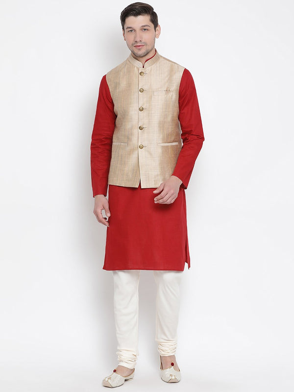 Men's Maroon Cotton Blend Kurta, Ethnic Jacket and Pyjama Set - Vastramay