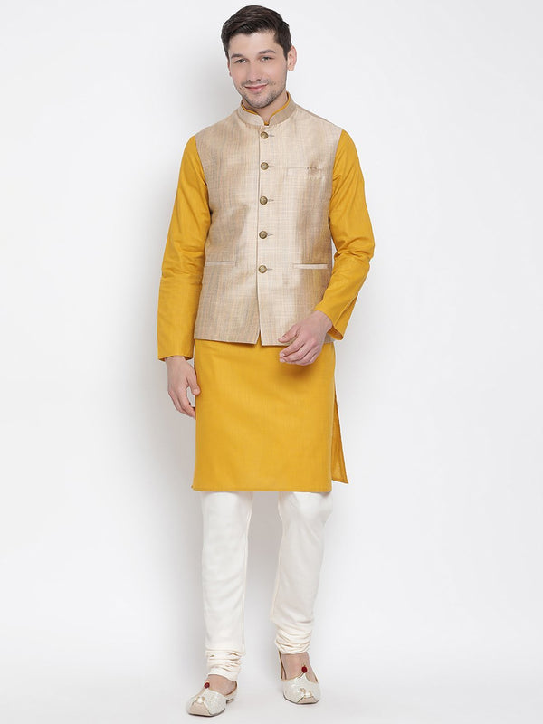 Men's Yellow Cotton Blend Kurta, Ethnic Jacket and Pyjama Set - Vastramay